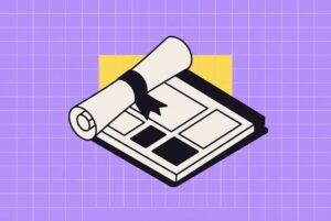 Diplôme roulé posé sur une grille de pages