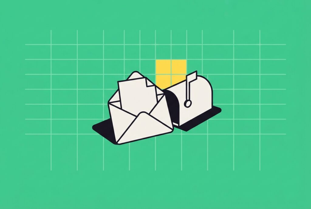 Enveloppe ouverte et boîte aux lettres sur fond vert quadrillé