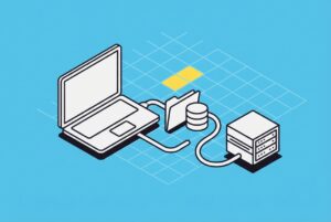 Ordinateur portable relié à un serveur par un câble